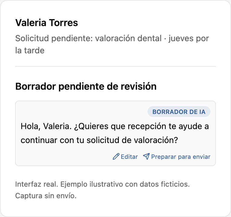 Tarjeta real de borrador de IA con Editar y Preparar para enviar.