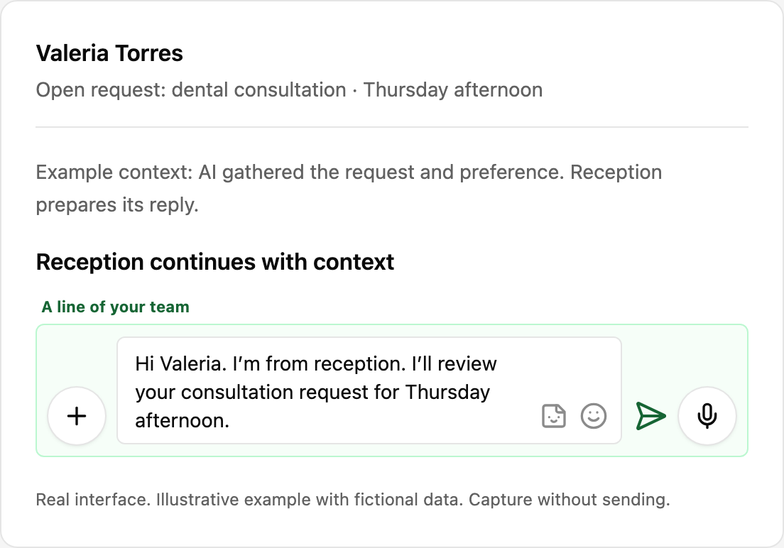 Real composer with a prepared reception reply to Valeria’s request, before sending.