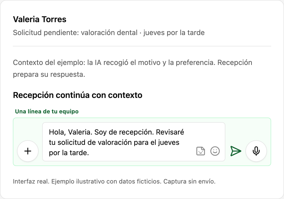 Editor real con una respuesta preparada de recepción para la solicitud de Valeria, antes de enviar.