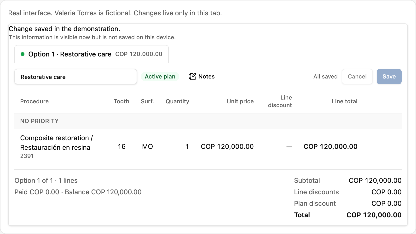 Real treatment-plan workspace with fictional Valeria Torres procedures and amounts.