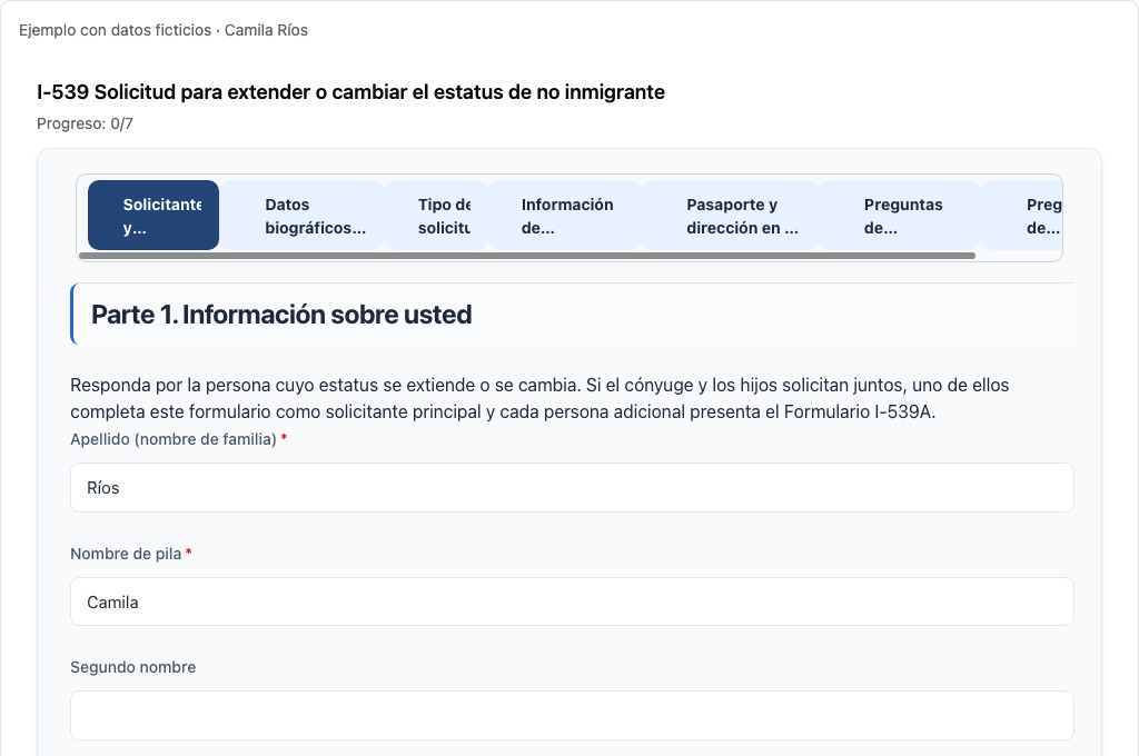 Cuestionario de preparación I-539 en español con el nombre de la cliente ficticia Camila Ríos