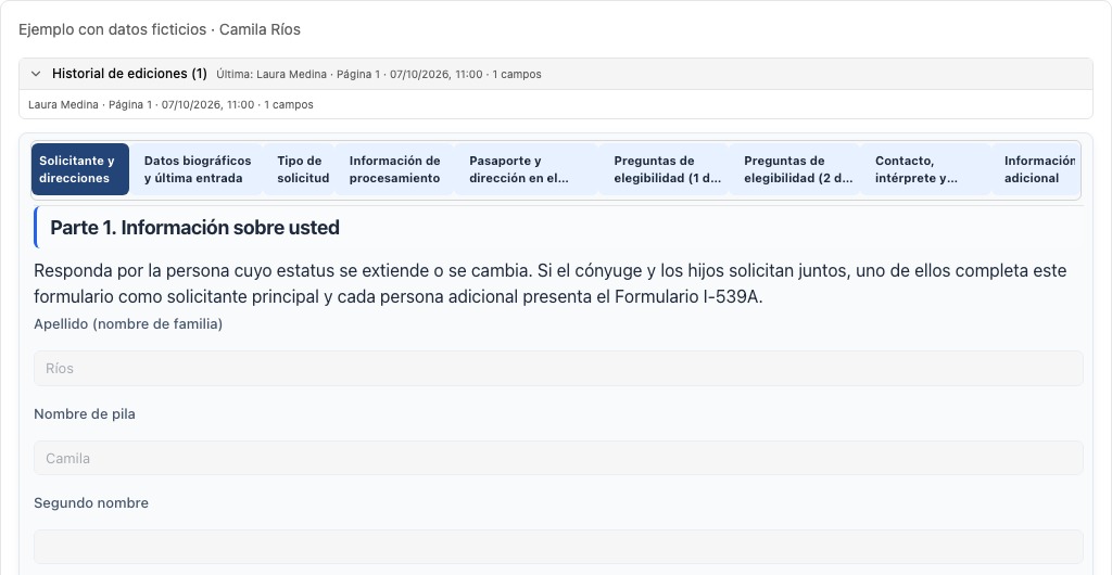Revisión I-539 en español con un evento de cambio preparado por Laura Medina para la cliente ficticia Camila Ríos