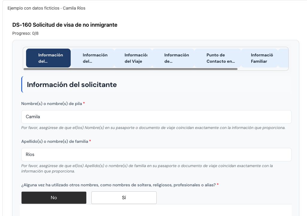 Cuestionario de preparación DS-160 en español con nombre y apellido de la clienta ficticia Camila Ríos